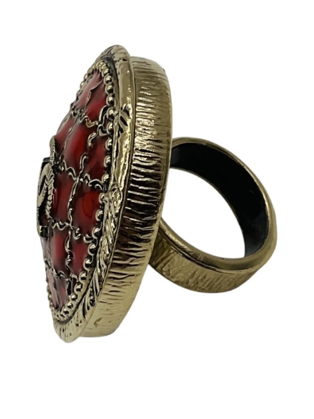 CHANEL 2010 RED / BRUSHED GOLD CC LOGO CIRCULAR ENAMEL LOCKET RING